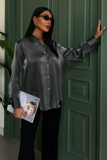 Pırıltılı Kumaş Premium Saten Gömlek Gri