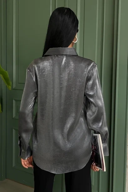 Pırıltılı Kumaş Premium Saten Gömlek Gri