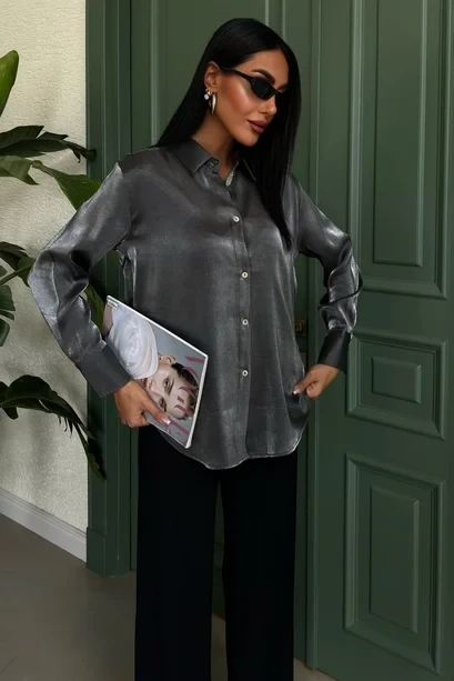 Pırıltılı Kumaş Premium Saten Gömlek Gri