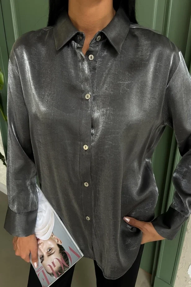 Pırıltılı Kumaş Premium Saten Gömlek Gri