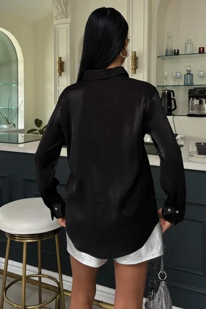 Pırıltılı Kumaş Premium Saten Gömlek Siyah