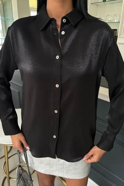 Pırıltılı Kumaş Premium Saten Gömlek Siyah