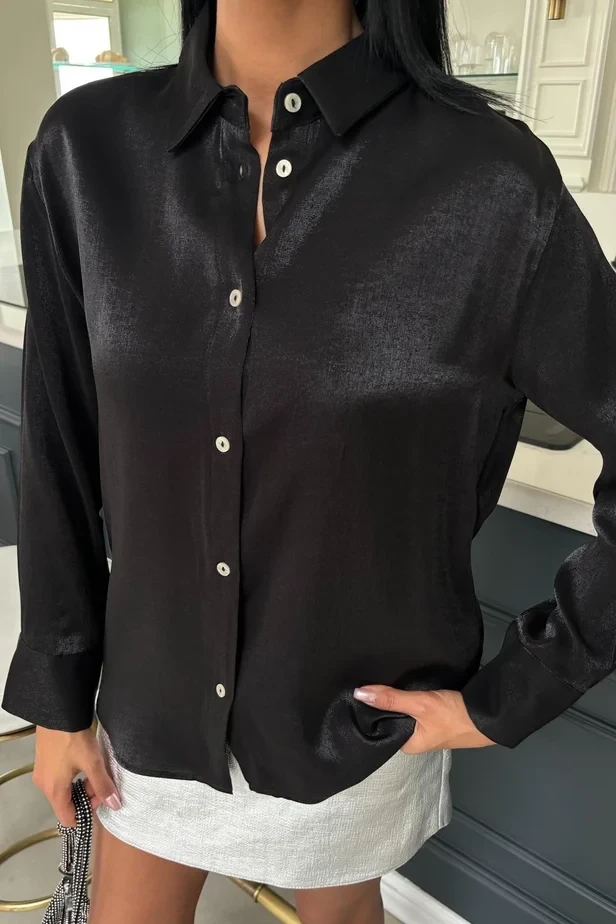 Pırıltılı Kumaş Premium Saten Gömlek Siyah