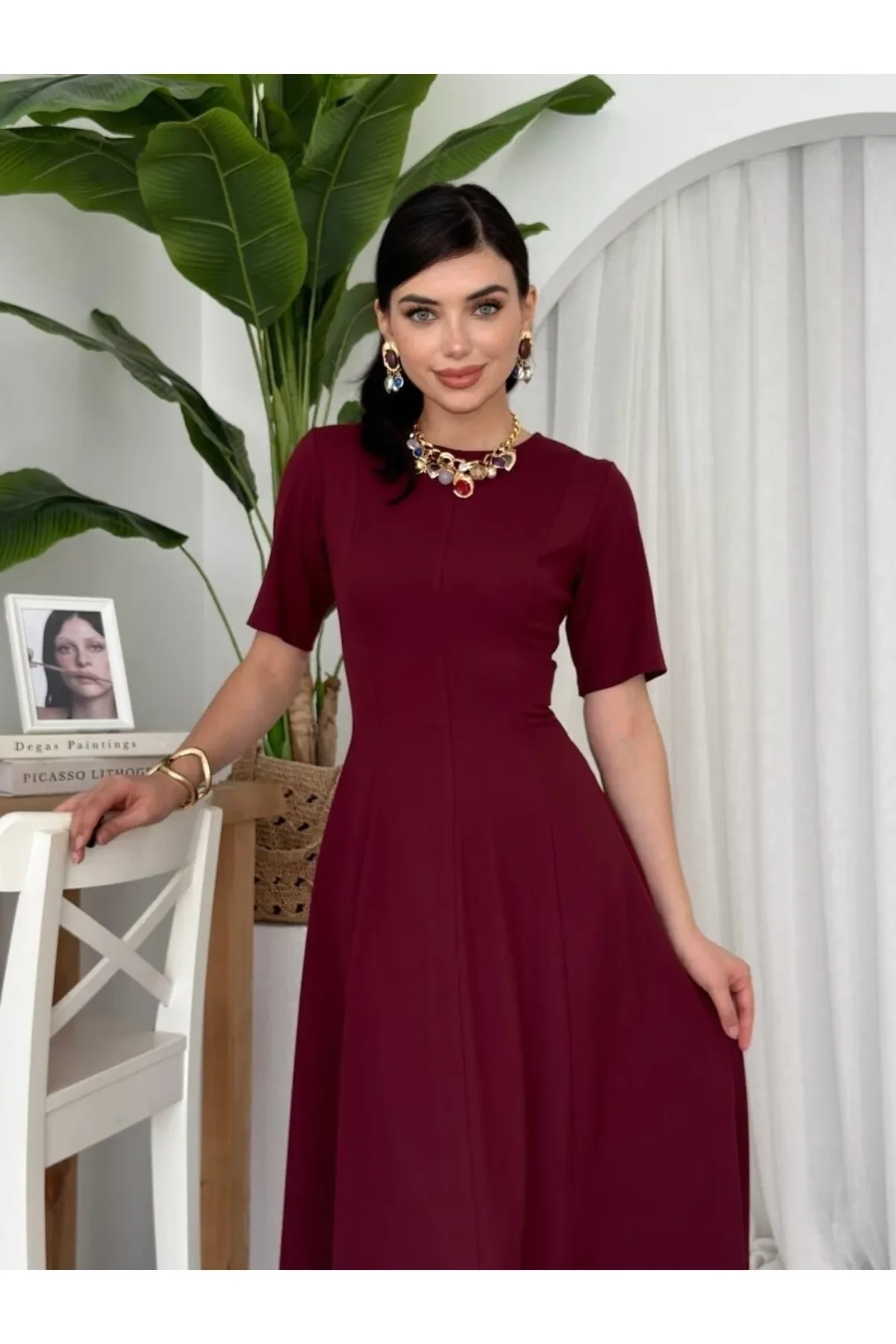 Pliseli Midi Elbise Bordo