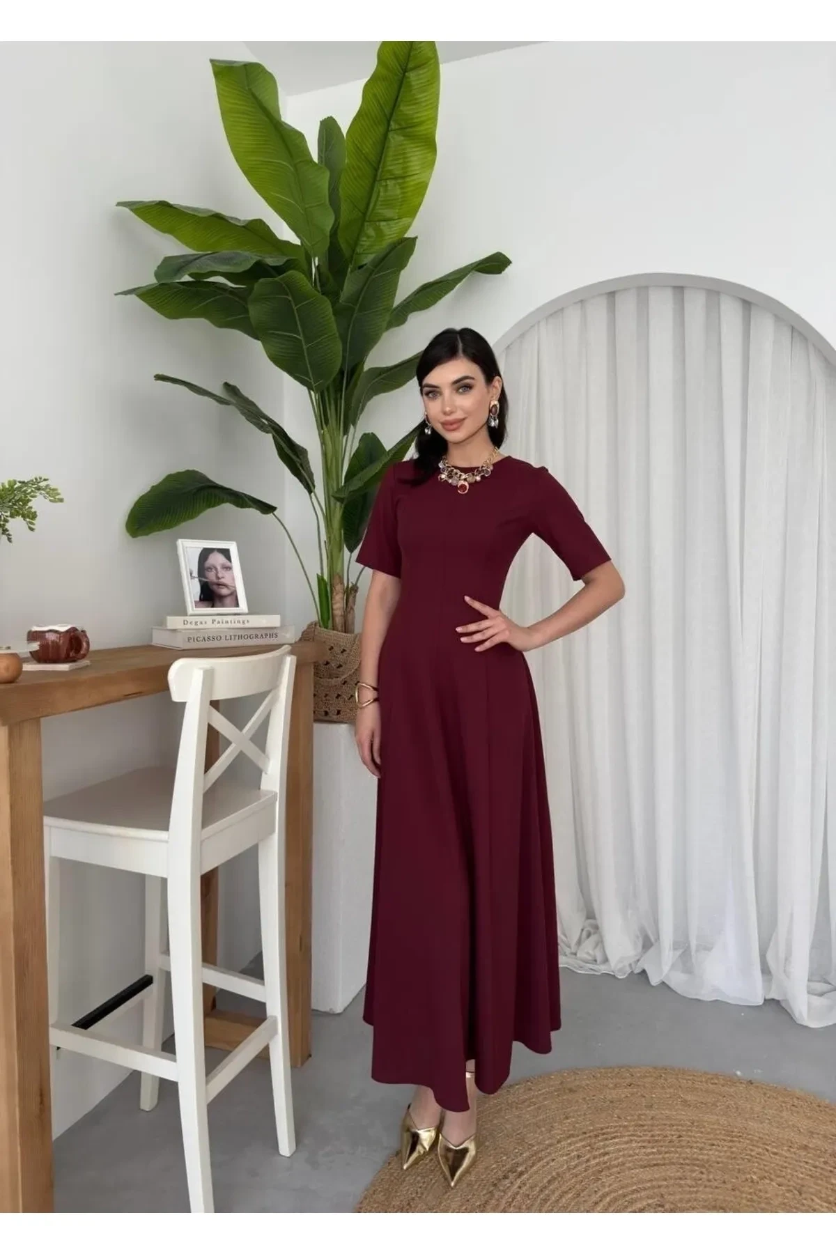 Pliseli Midi Elbise Bordo