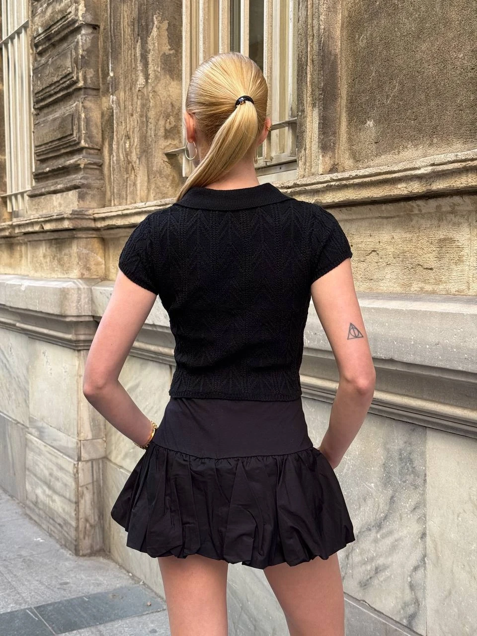 Polo Yaka Düğmeli Crop Bluz Siyah