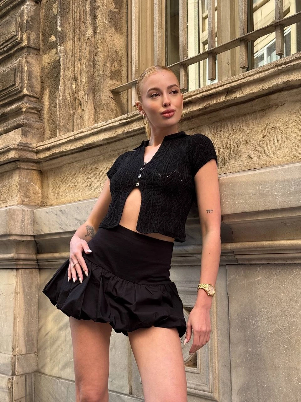 Polo Yaka Düğmeli Crop Bluz Siyah