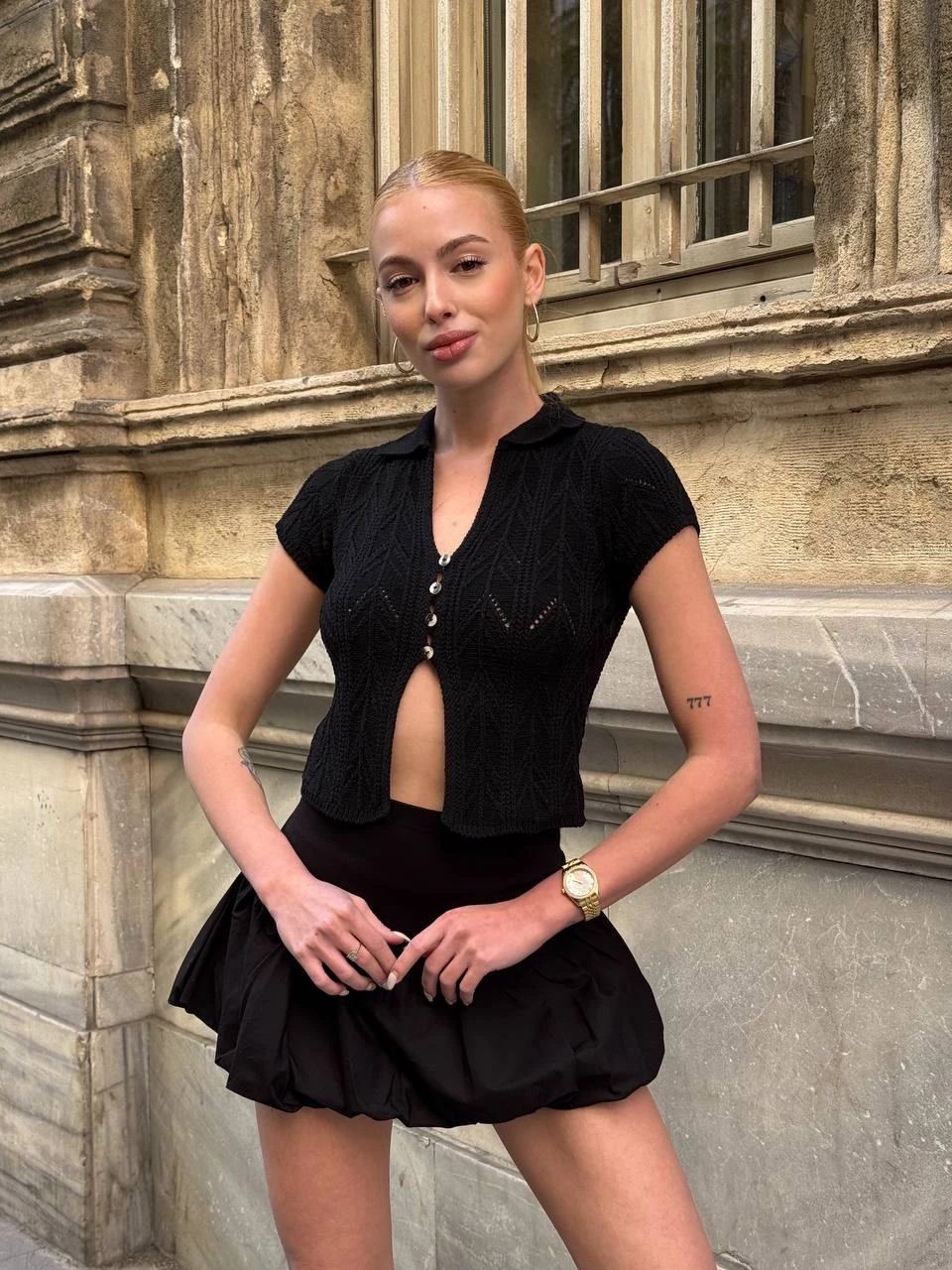 Polo Yaka Düğmeli Crop Bluz Siyah