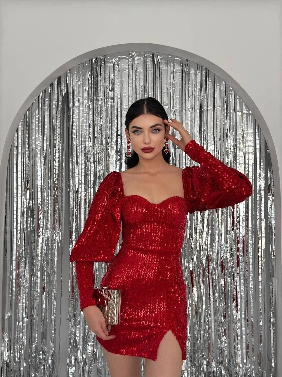 Pul Payet Detay Mini Elbise Kırmızı