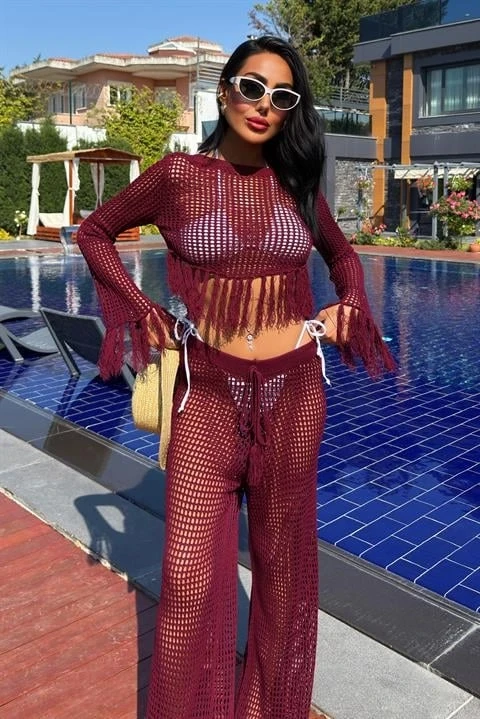 Püskül Detaylı Ajurlu Triko Takım