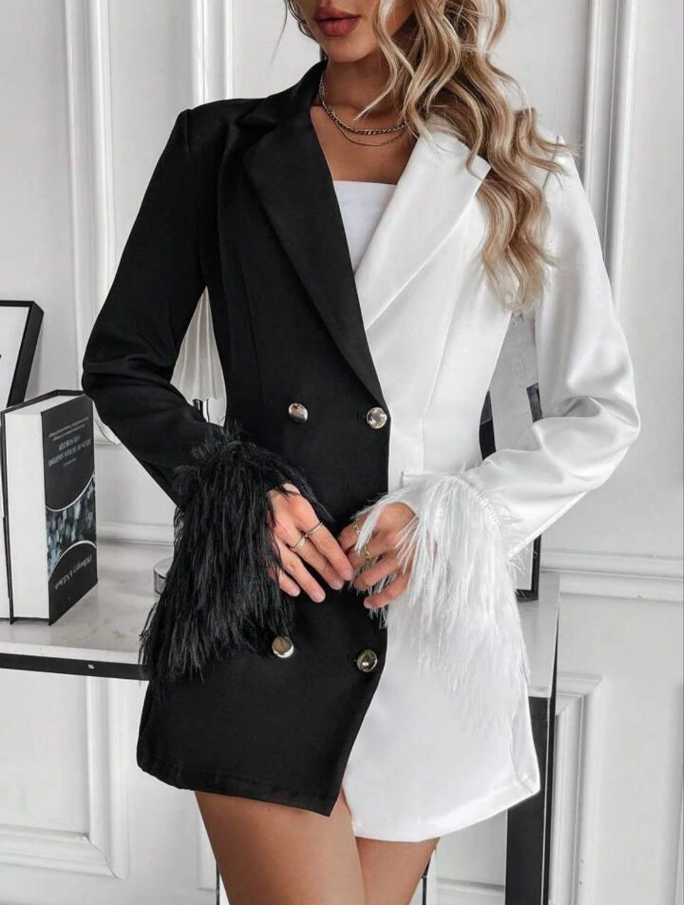 Renk Bloklu Püskül Detay Ceket Elbise