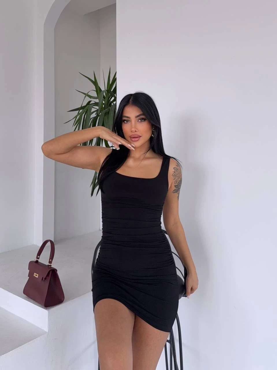 Sandy Büzgülü Elbise Siyah