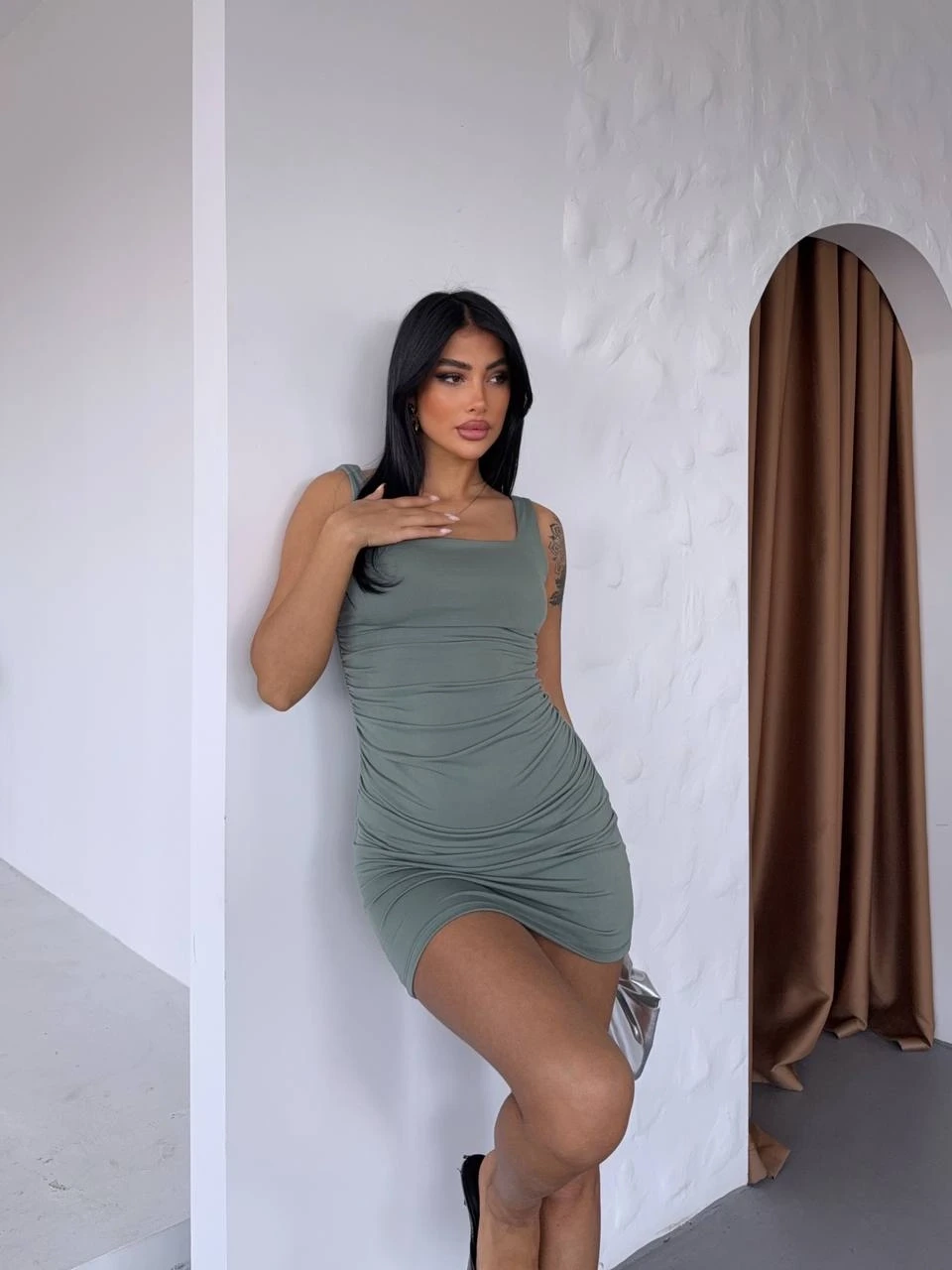 Sandy Büzgülü Elbise Yeşil