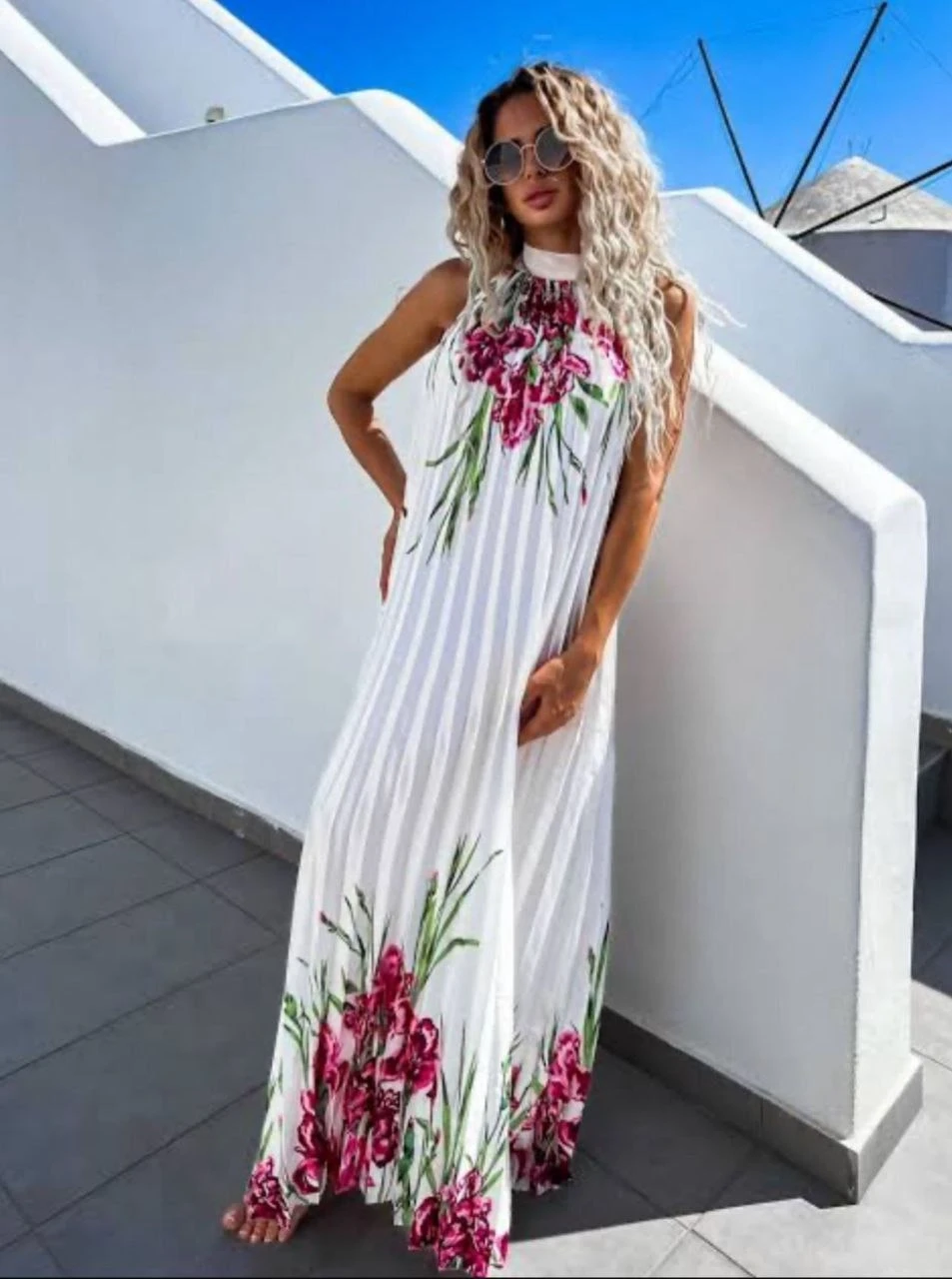 Saten Kumaş Piliseli Elbise Beyaz