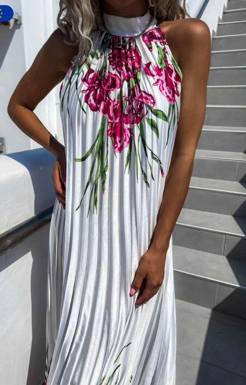 Saten Kumaş Piliseli Elbise Beyaz