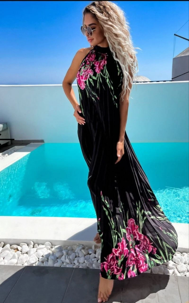 Saten Kumaş Piliseli Elbise Siyah