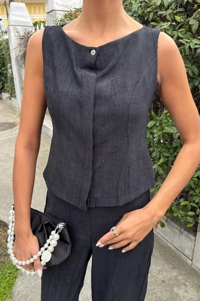 Sıfır Kollu Bluz Batik Desenli Pantolon İkili Takım Siyah