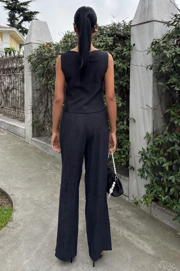 Sıfır Kollu Bluz Batik Desenli Pantolon İkili Takım Siyah