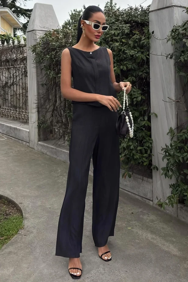 Sıfır Kollu Bluz Batik Desenli Pantolon İkili Takım Siyah