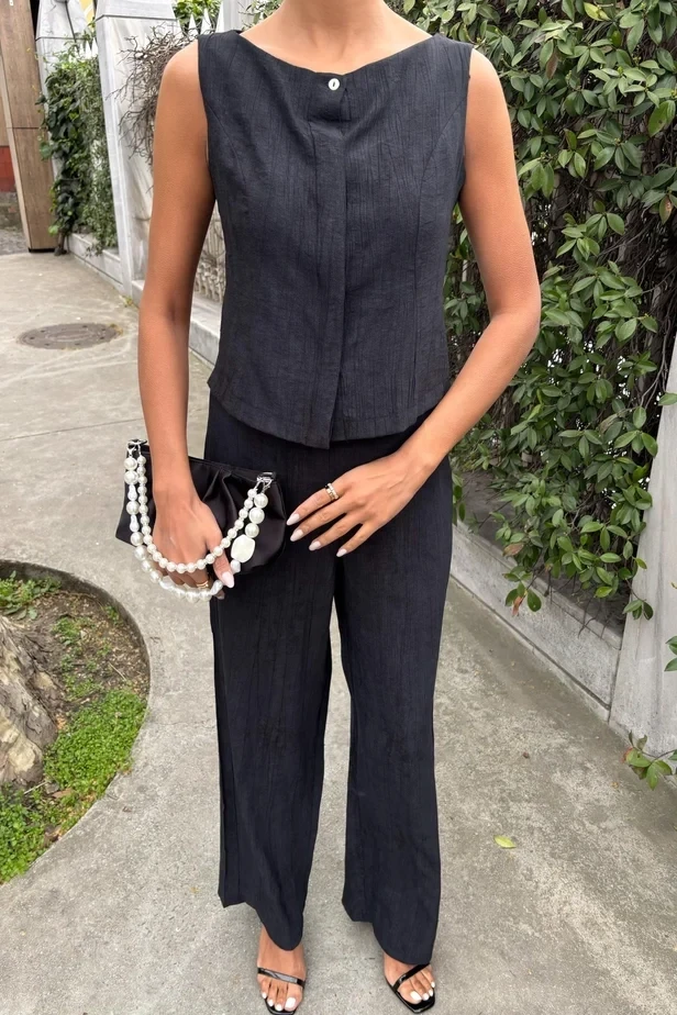 Sıfır Kollu Bluz Batik Desenli Pantolon İkili Takım Siyah