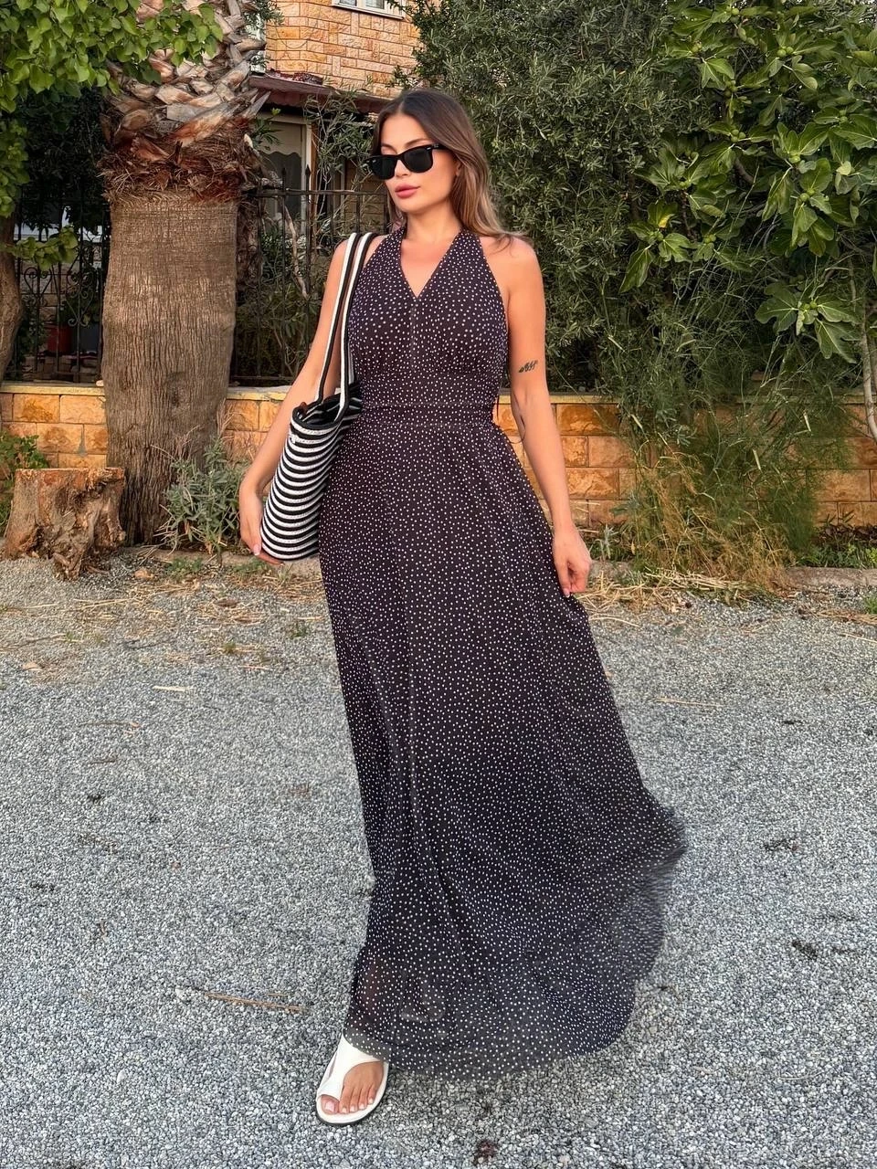 Şifon Desenli Uzun Elbise