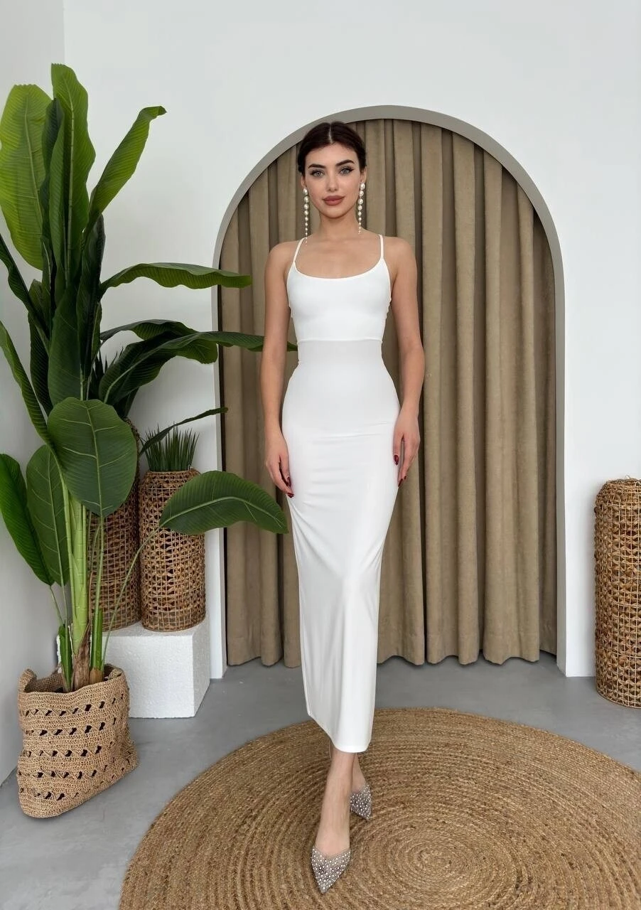 Sırt Bağlama Detay Elbise Ekru