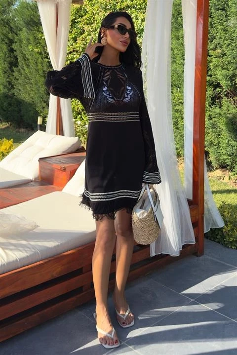 Sırt Dekolte Bağlamalı İspanyol Kol Triko Elbise Siyah