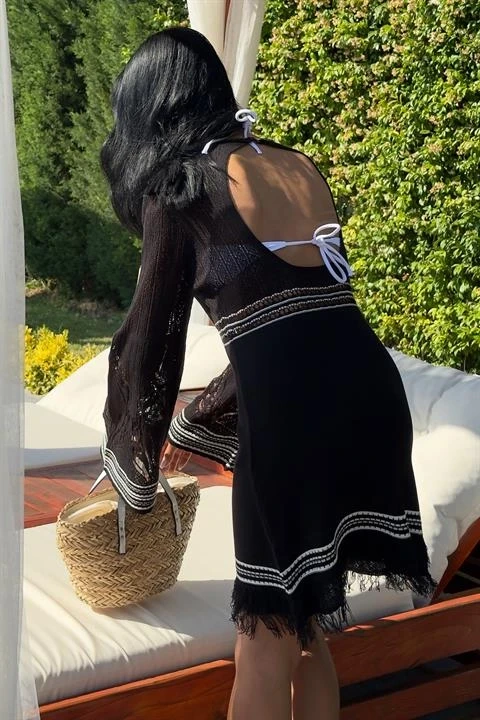 Sırt Dekolte Bağlamalı İspanyol Kol Triko Elbise Siyah