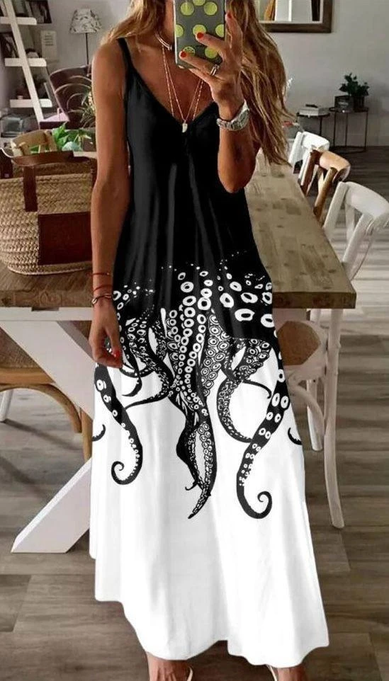 Süprem Kumaş Dijital Baskılı Askılı Elbise Beyaz