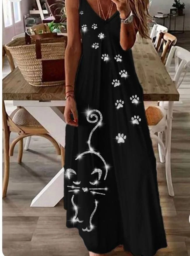 Süprem Kumaş Dijital Baskılı Askılı Elbise Siyah Kedili