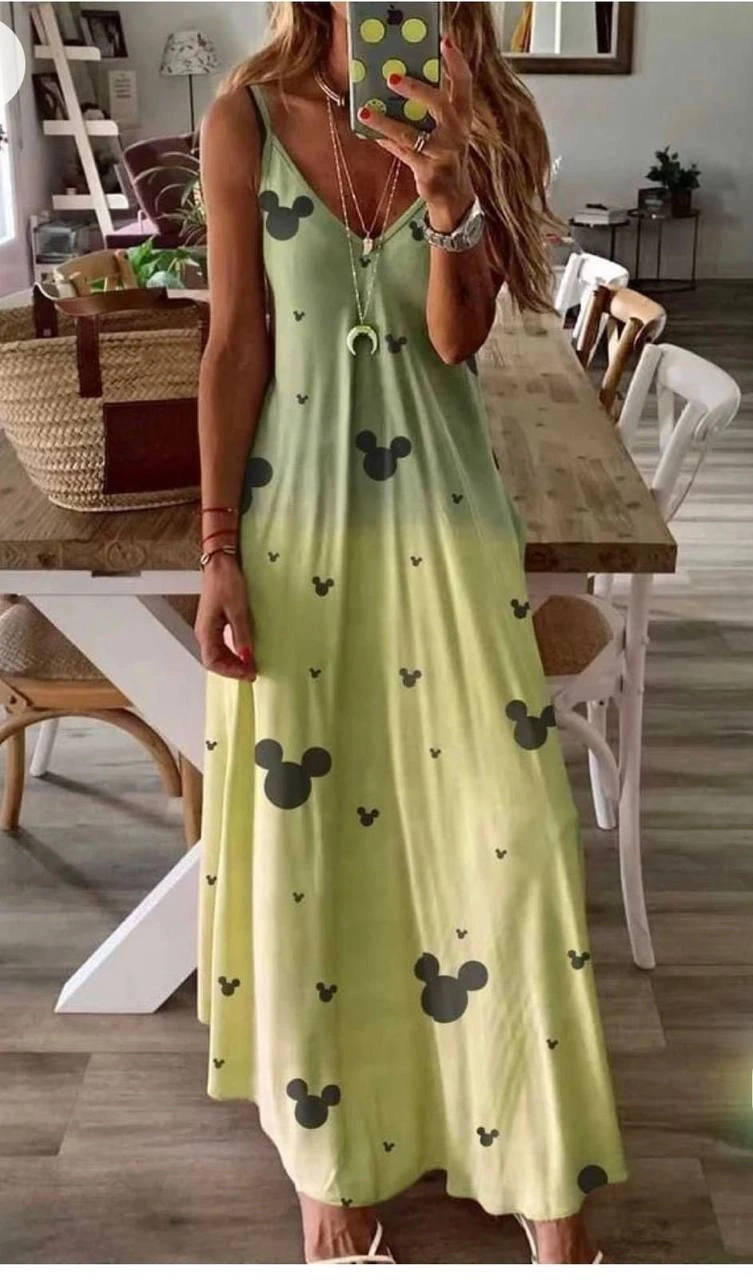 Süprem Kumaş Dijital Baskılı Askılı Elbise Yeşil