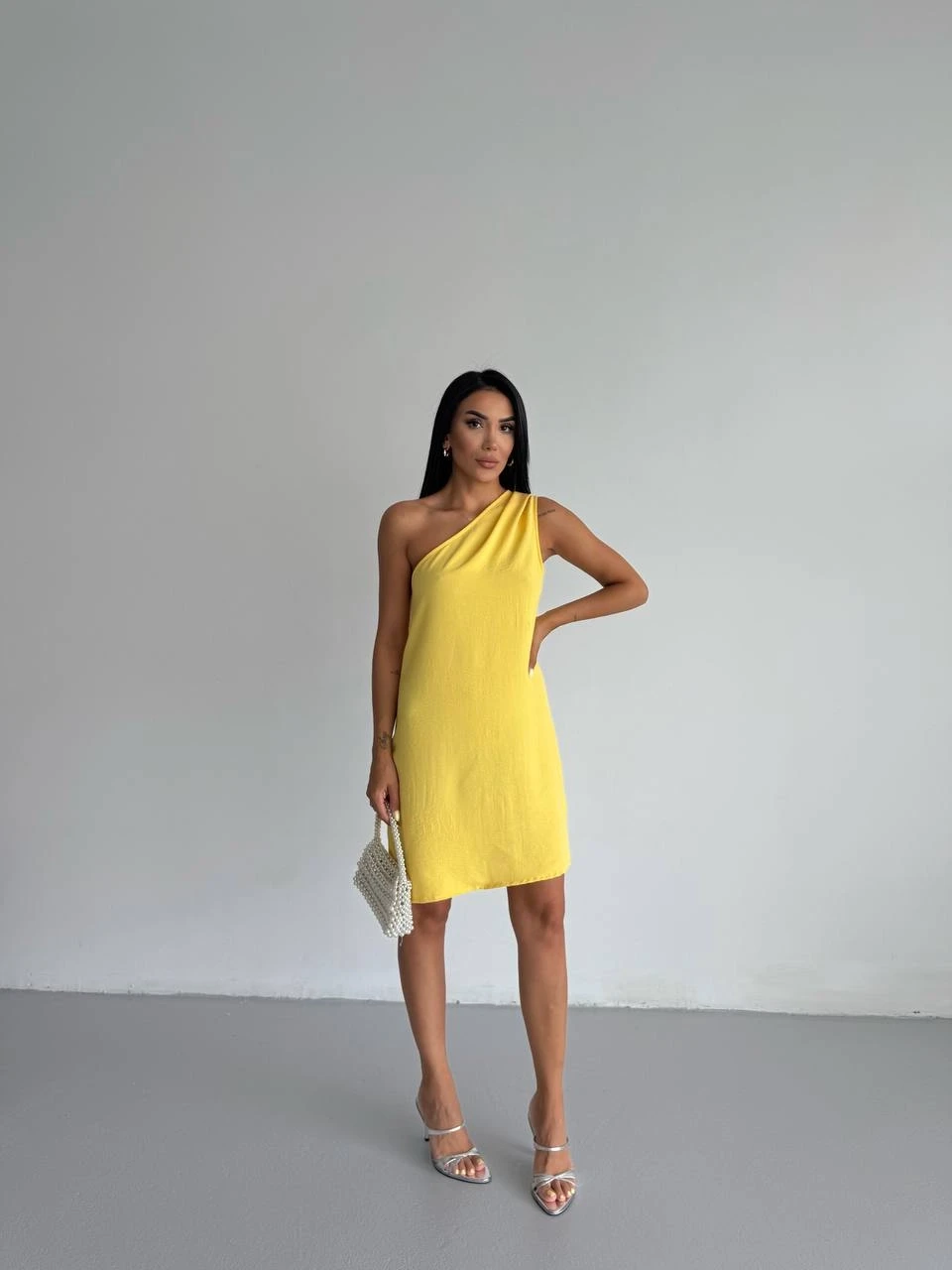 Tek Omuz Ayrobin Kumaş Elbise Sarı
