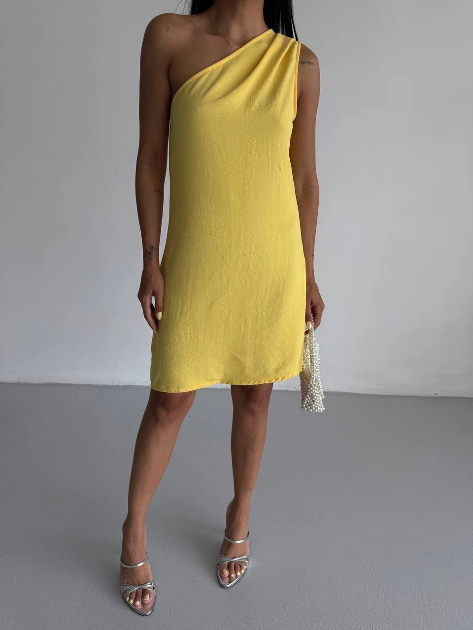 Tek Omuz Ayrobin Kumaş Elbise Sarı