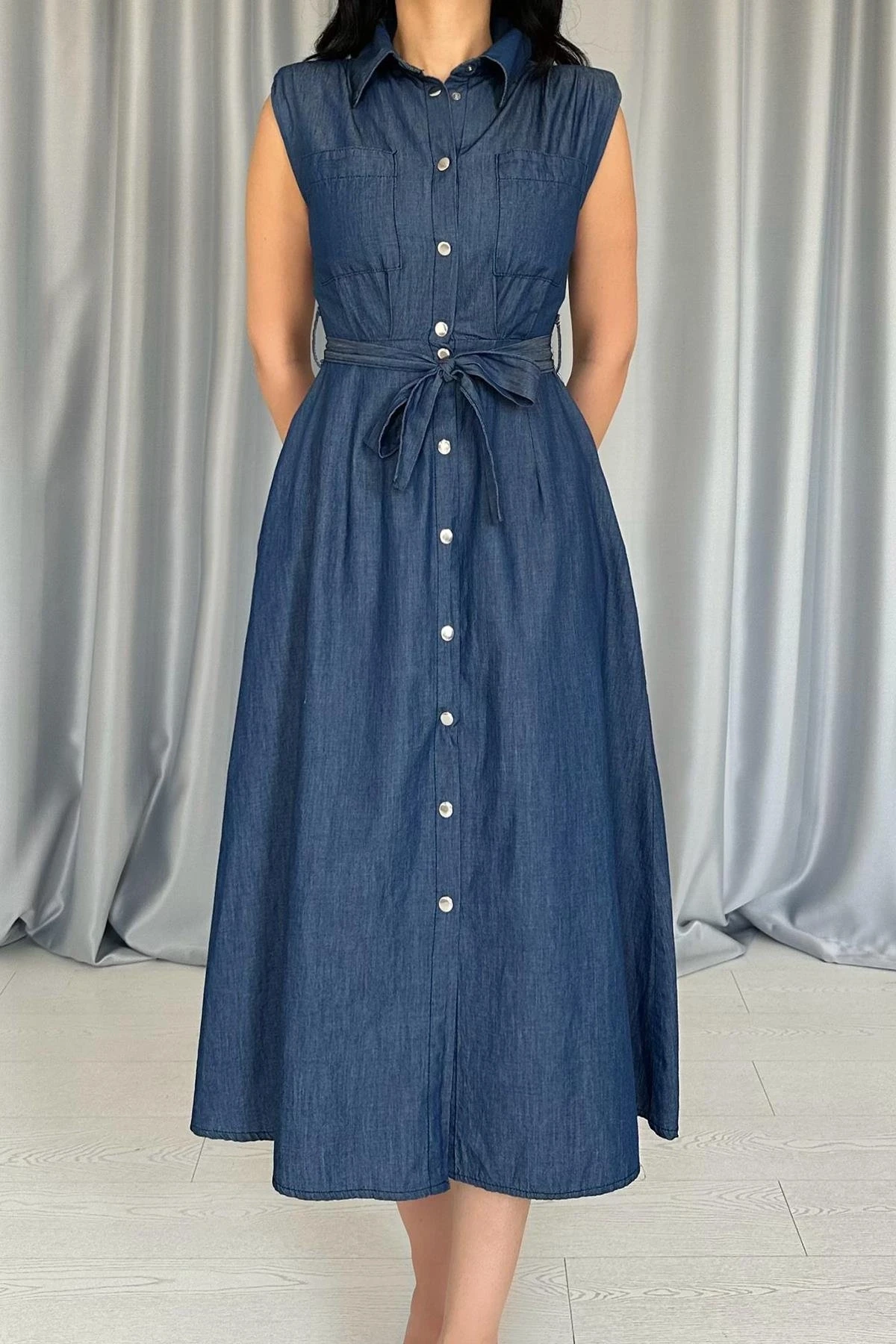 Tencel Kumaş Çıtçıtlı Gömlek Elbise