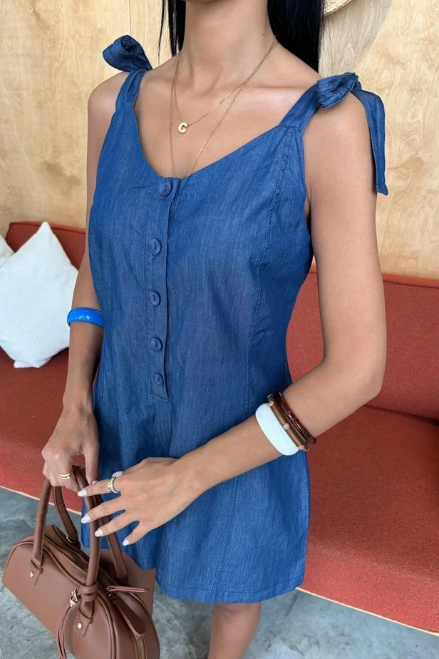 Tensel Denim Kumaşlı Mini Tulum