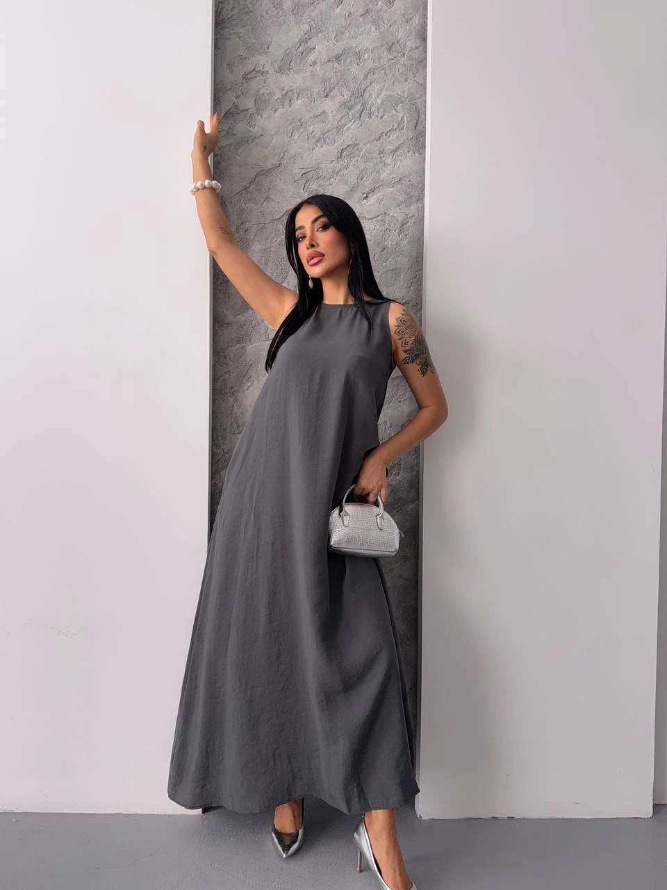 Tensel Kumaş Cepli Elbise Gri