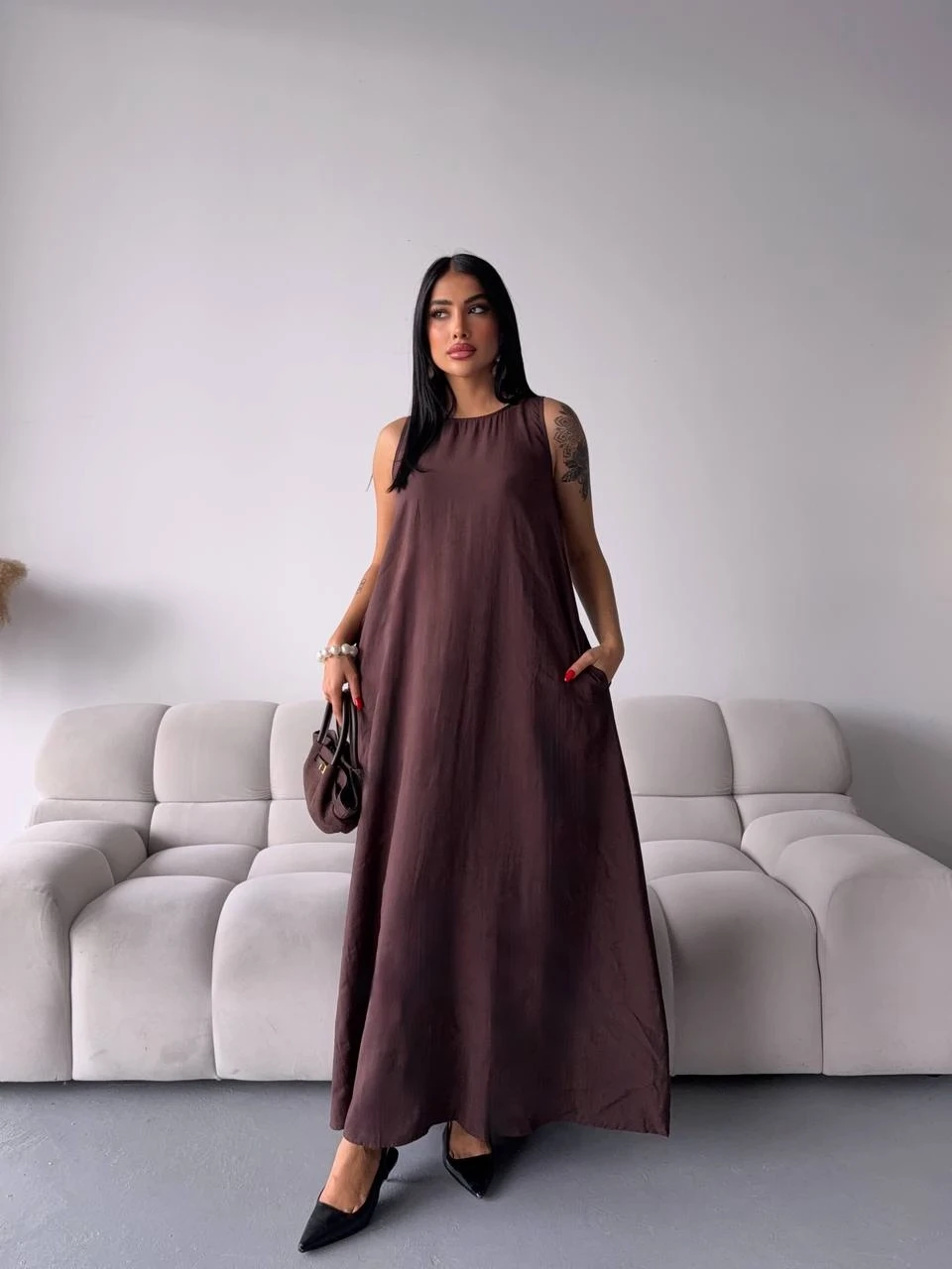 Tensel Kumaş Cepli Elbise Kahverengi