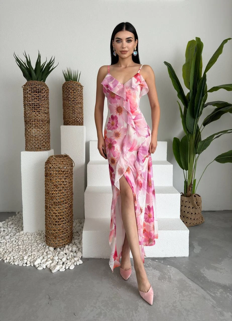 Tül Desenli Yırtmaçlı Elbise