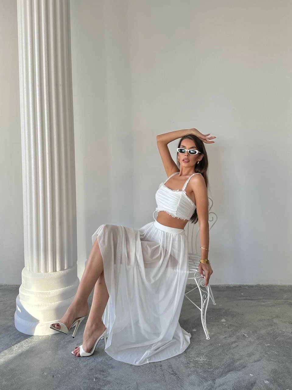 Tül Etek Bluz Alt Üst Takım Beyaz