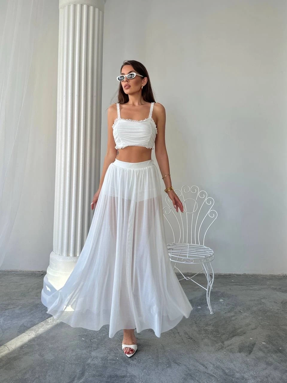 Tül Etek Bluz Alt Üst Takım Beyaz
