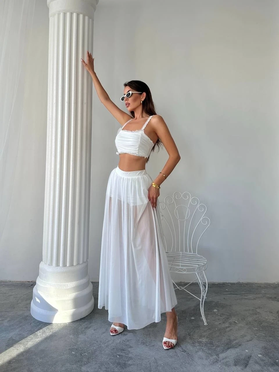 Tül Etek Bluz Alt Üst Takım Beyaz