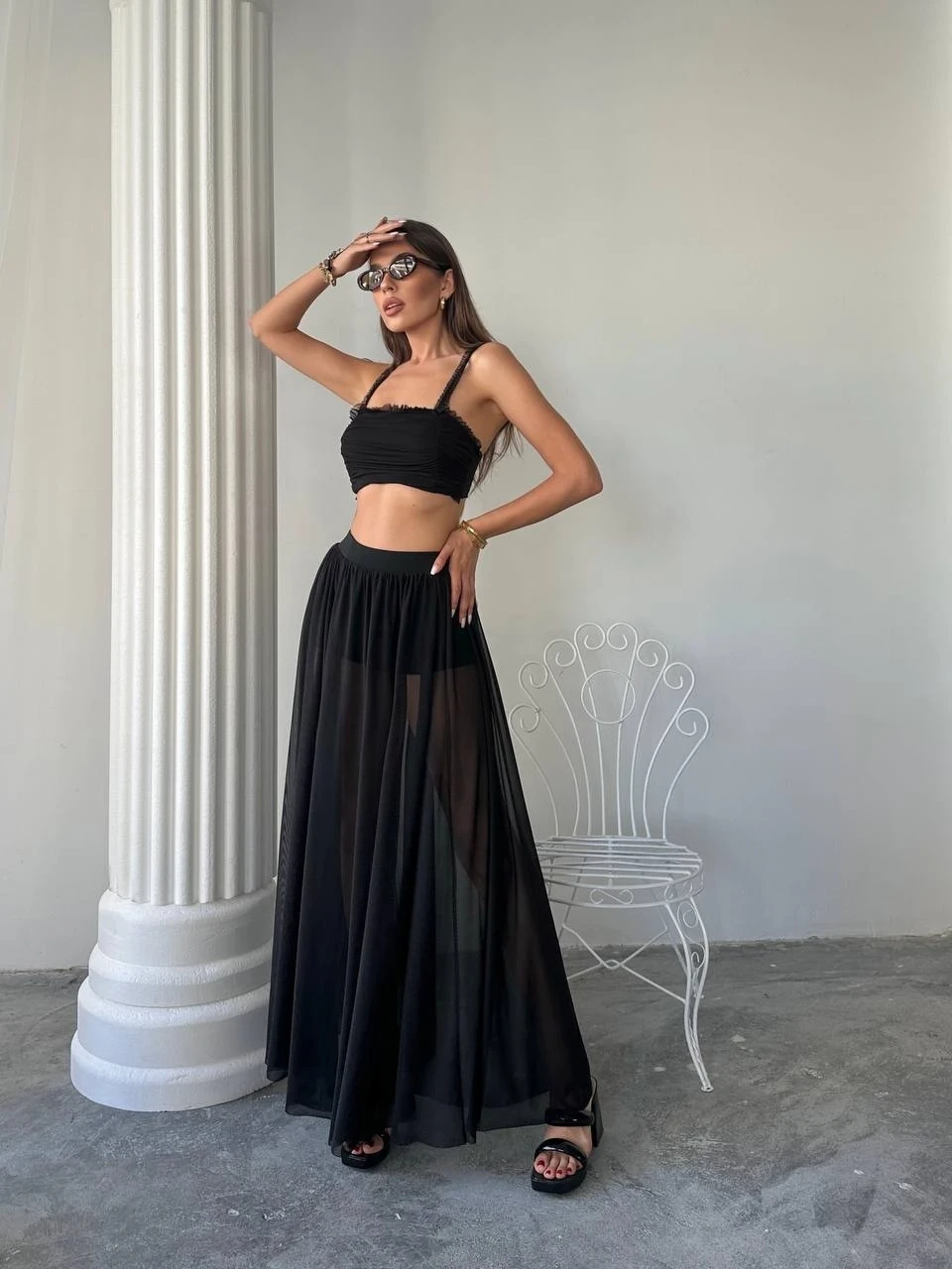 Tül Etek Bluz Alt Üst Takım Siyah