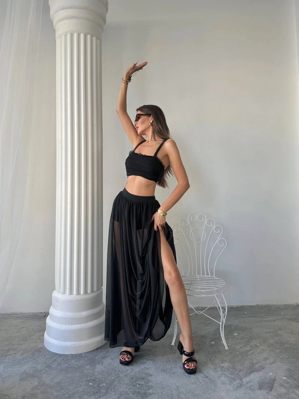 Tül Etek Bluz Alt Üst Takım Siyah