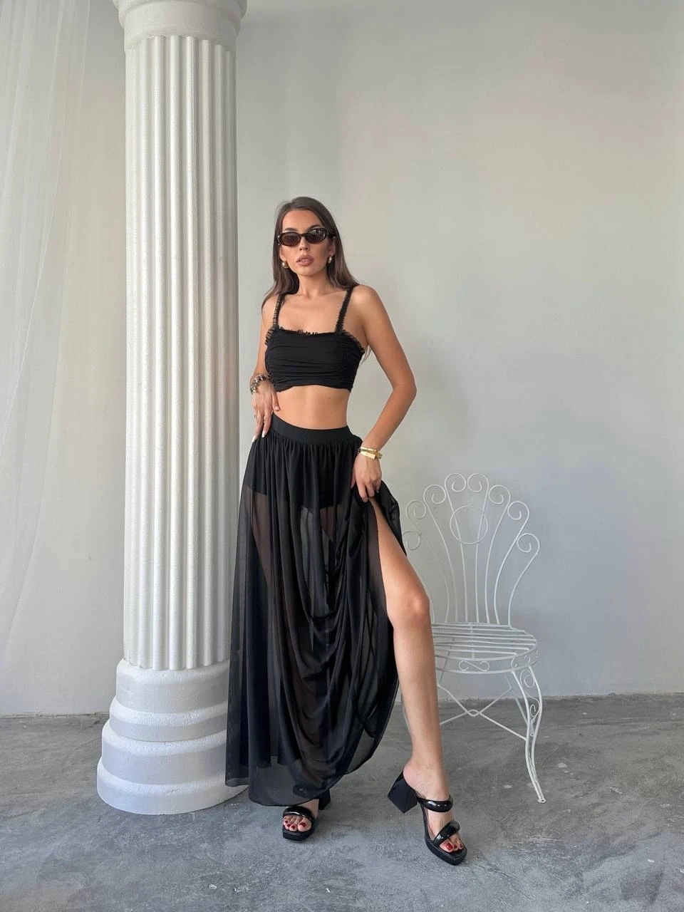 Tül Etek Bluz Alt Üst Takım Siyah
