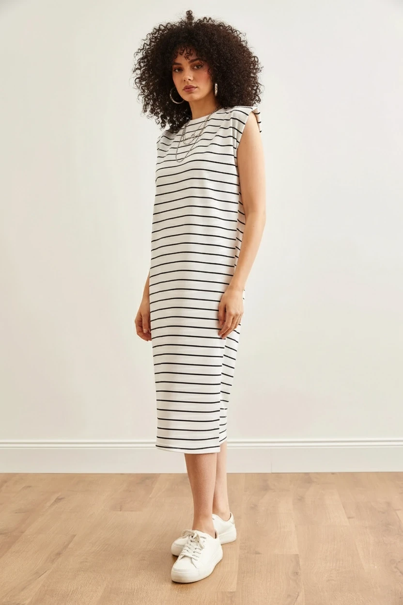 Vatkalı Çizgili Midi Elbise