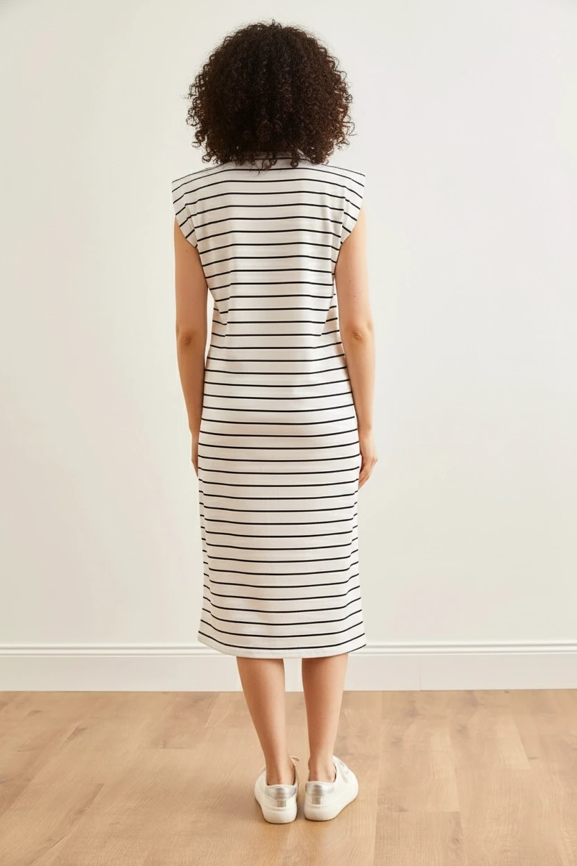 Vatkalı Çizgili Midi Elbise