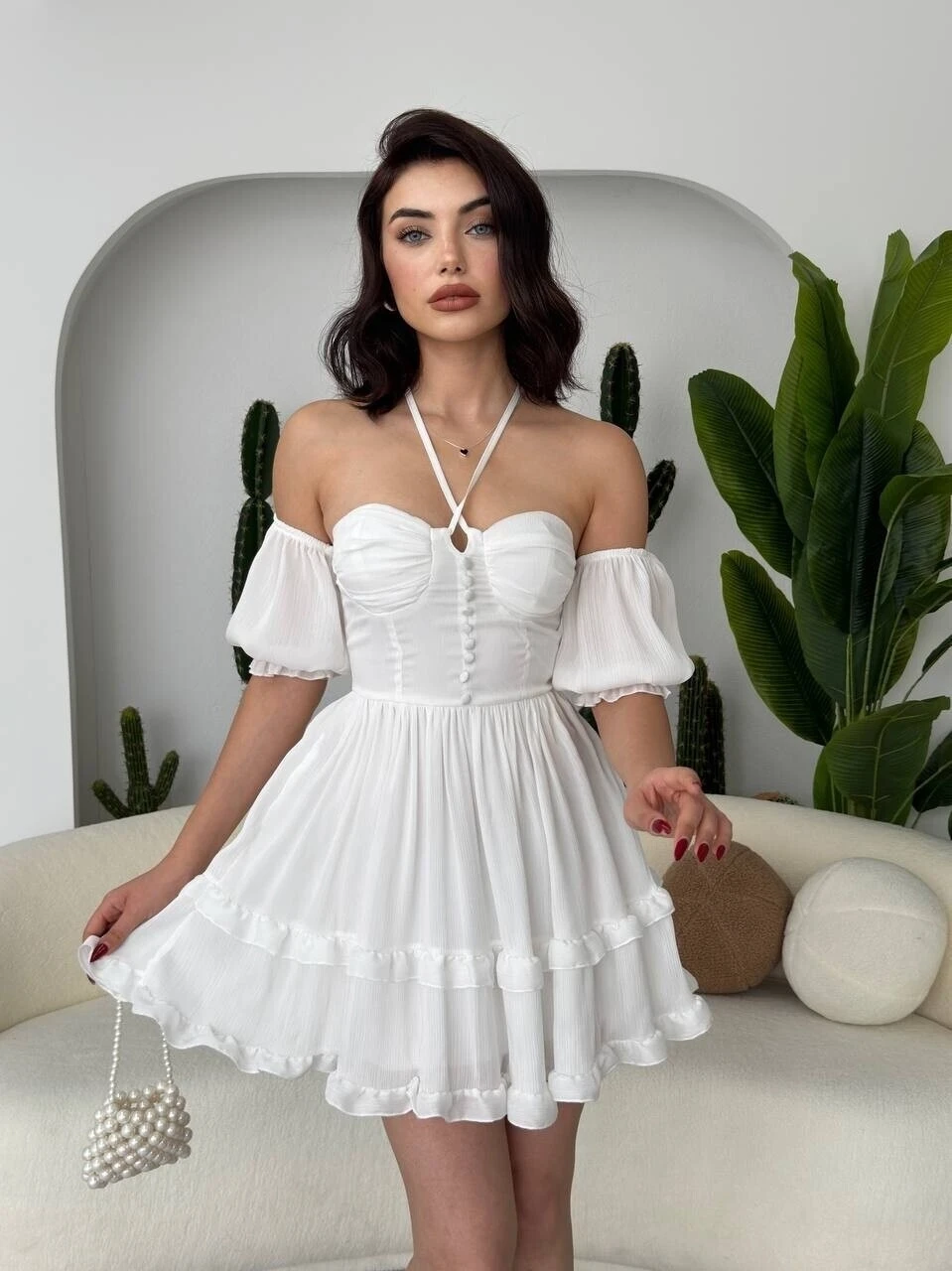 Vingo Mini Elbise Beyaz