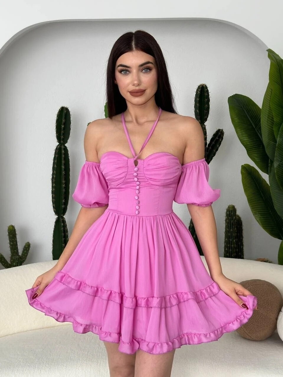 Vingo Mini Elbise Pembe