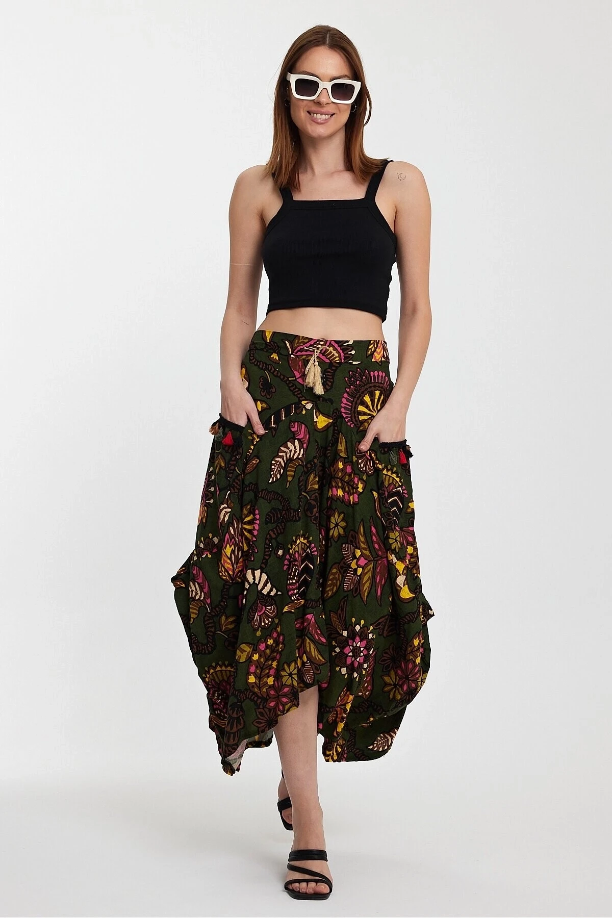 Yeşil Otantik Desen Cepli Şalvar Model Etek