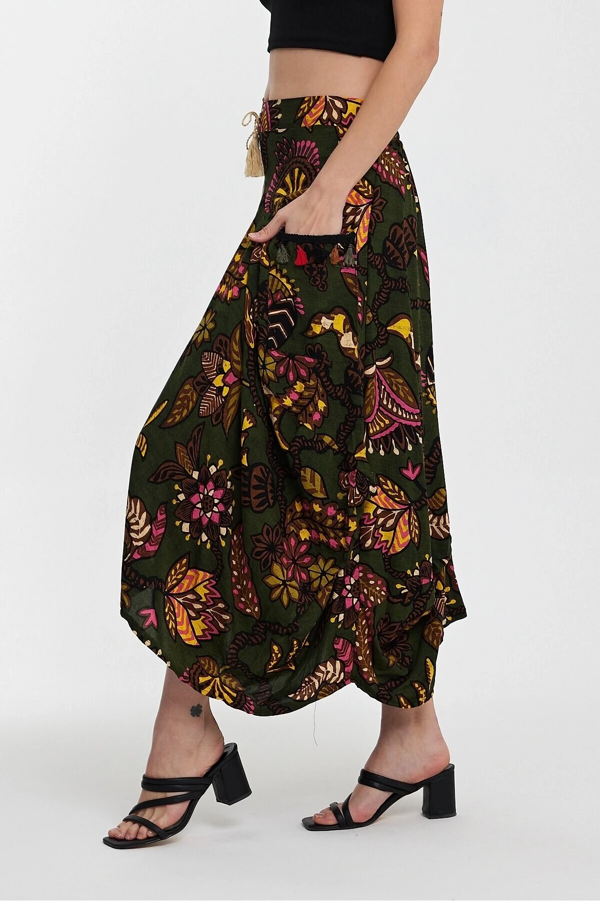 Yeşil Otantik Desen Cepli Şalvar Model Etek